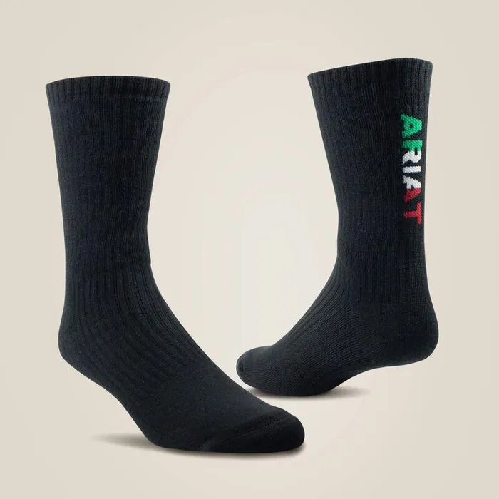 Unisex Socks Ariat Premium Ringspun Cotton Crew Mexico Work Sock 3 Pair Pack Black