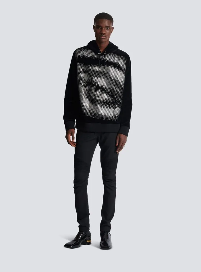 Velvet Hoodie With Crystals In An Eye Motif Black Men Balmain Sweatshirts