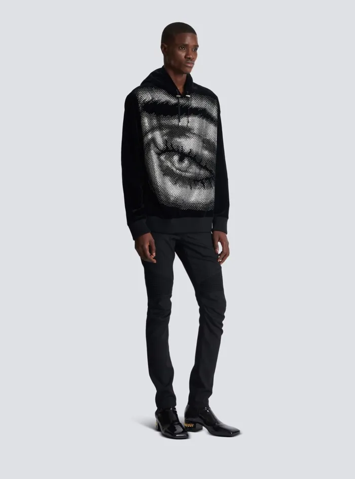 Velvet Hoodie With Crystals In An Eye Motif Black Men Balmain Sweatshirts