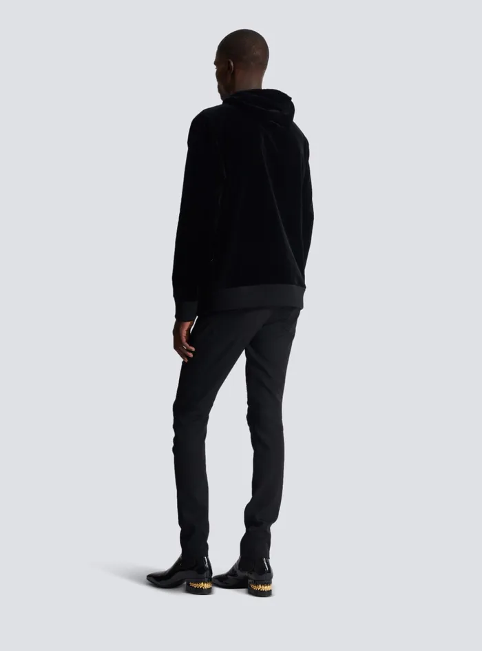 Velvet Hoodie With Crystals In An Eye Motif Black Men Balmain Sweatshirts