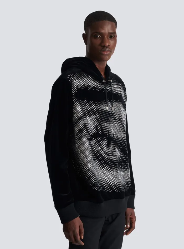 Velvet Hoodie With Crystals In An Eye Motif Black Men Balmain Sweatshirts