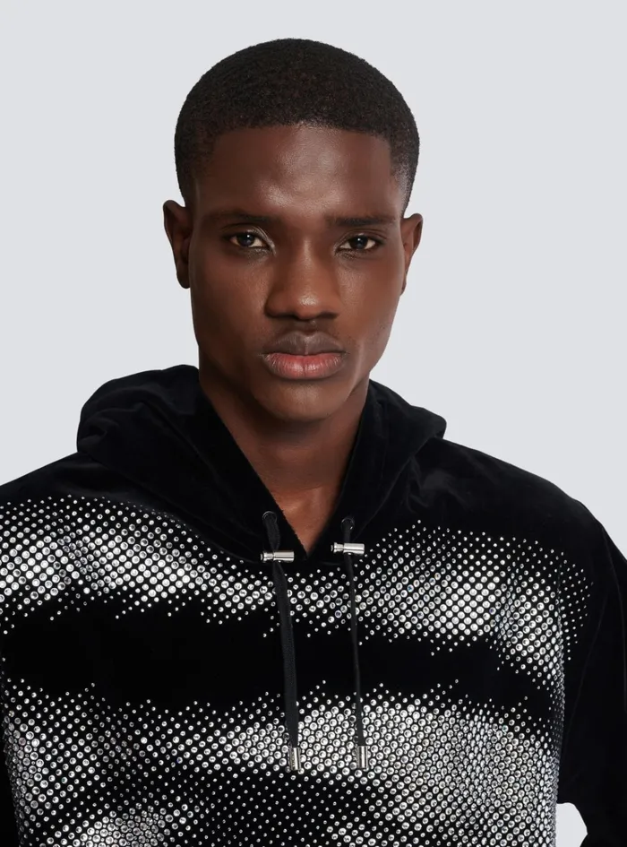 Velvet Hoodie With Crystals In An Eye Motif Black Men Balmain Sweatshirts