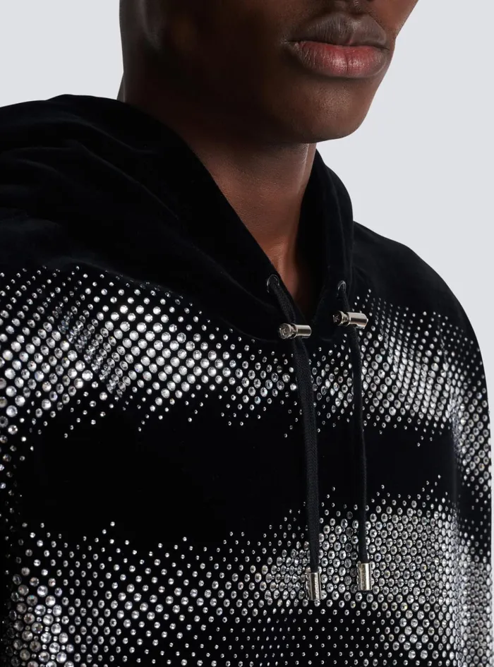 Velvet Hoodie With Crystals In An Eye Motif Black Men Balmain Sweatshirts
