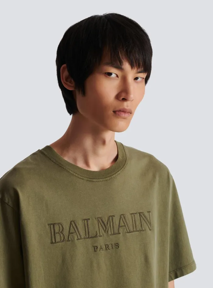 Vintage Embroidered Tshirt Khaki Men Balmain TShirts