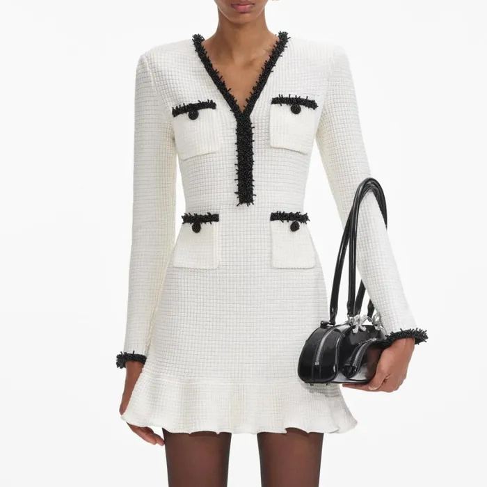 White Pearl Trim Knit Mini Dress Women Self Portrait Dresses