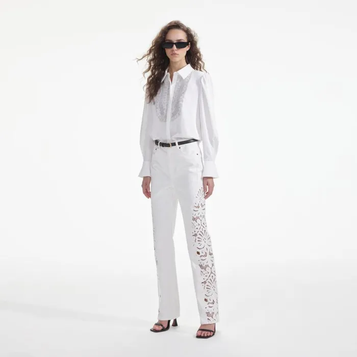 White Satin Embellished Bib Blouse Women Self Portrait Tops White Satin Embellished Bib Blouse Women Self Portrait Tops