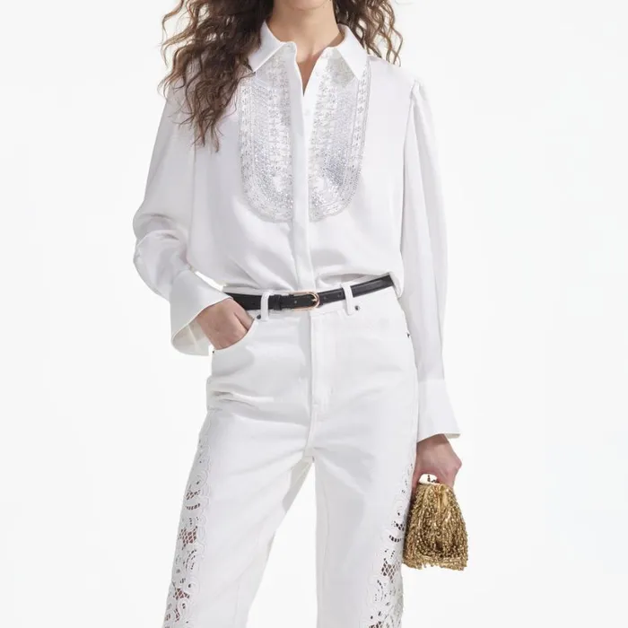 White Satin Embellished Bib Blouse Women Self Portrait Tops White Satin Embellished Bib Blouse Women Self Portrait Tops