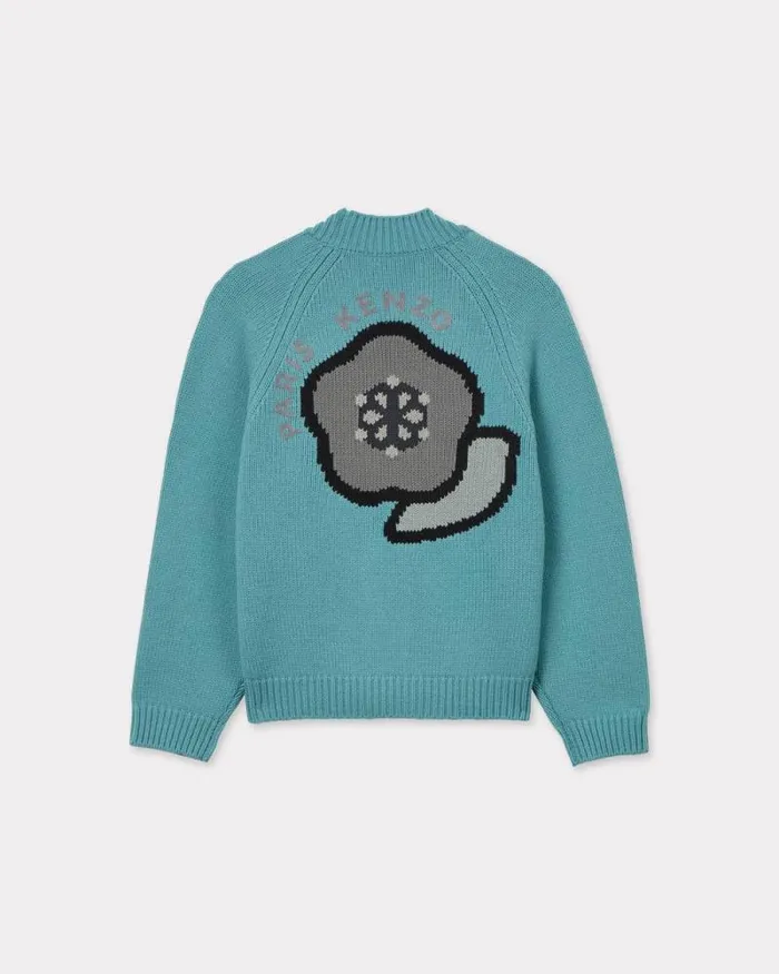 Women 039KENZO Pop039 Embroidered Cardigan In Wool And Cotton Aqua Kenzo Sweaters And Cardigans