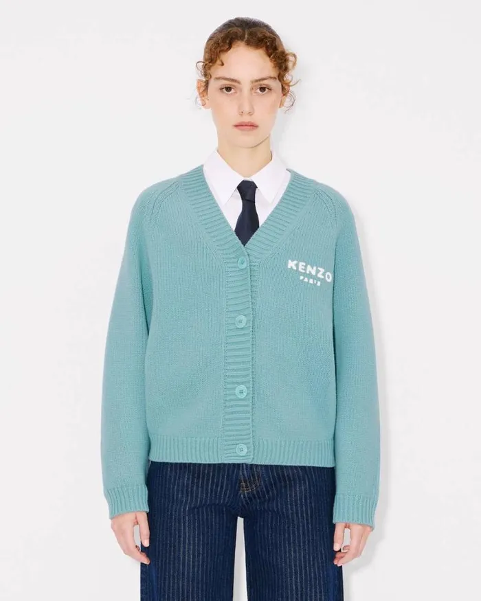 Women 039KENZO Pop039 Embroidered Cardigan In Wool And Cotton Aqua Kenzo Sweaters And Cardigans