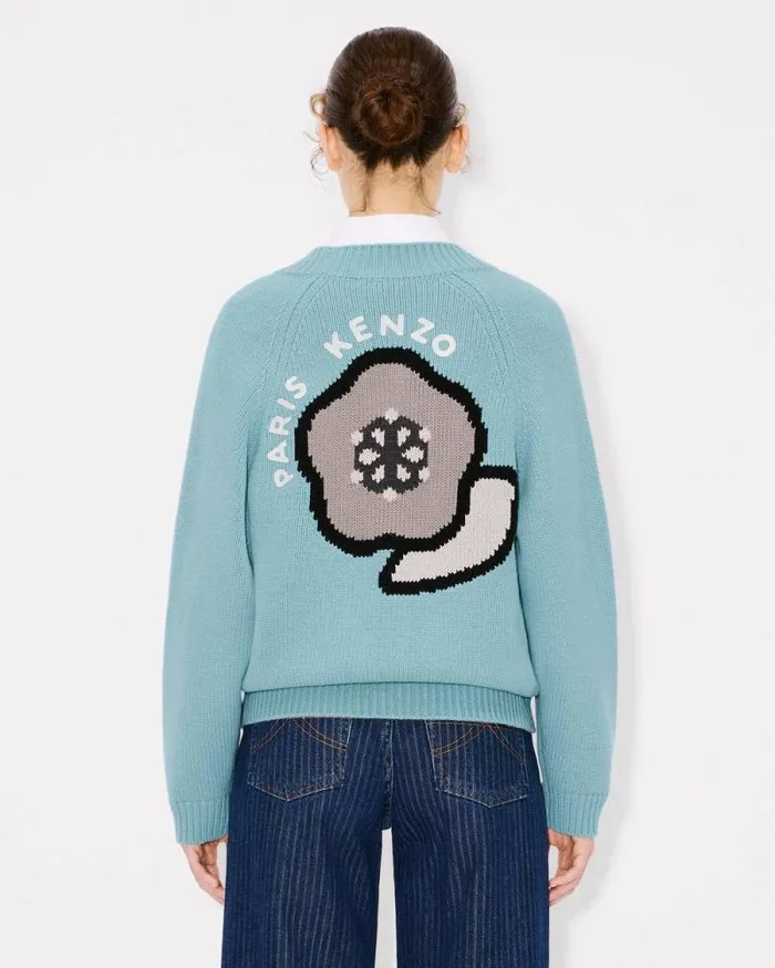 Women 039KENZO Pop039 Embroidered Cardigan In Wool And Cotton Aqua Kenzo Sweaters And Cardigans