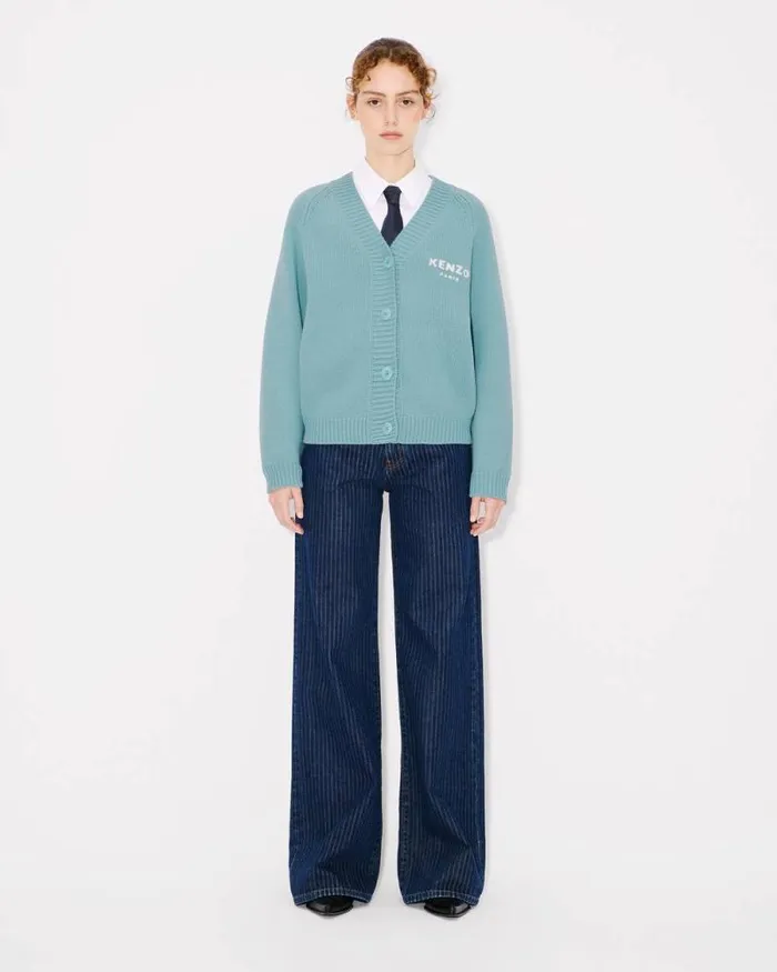 Women 039KENZO Pop039 Embroidered Cardigan In Wool And Cotton Aqua Kenzo Sweaters And Cardigans