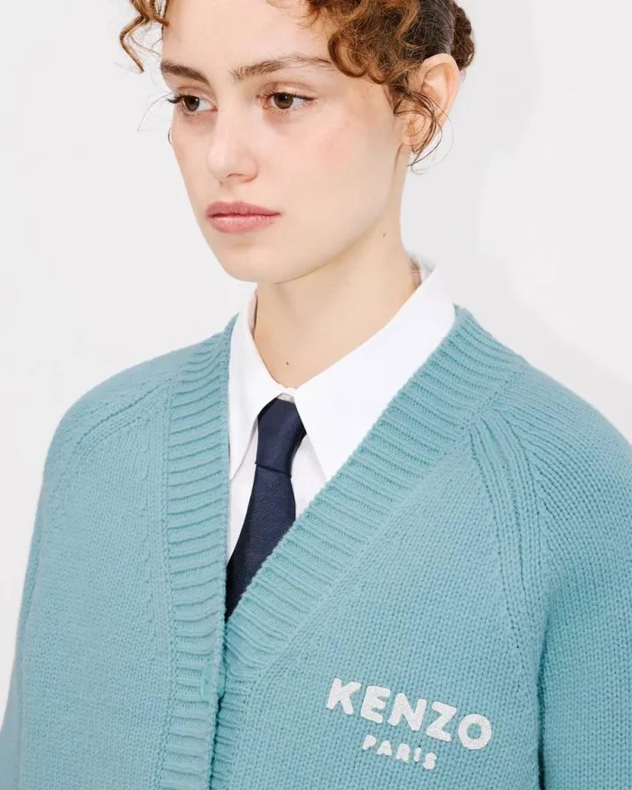 Women 039KENZO Pop039 Embroidered Cardigan In Wool And Cotton Aqua Kenzo Sweaters And Cardigans