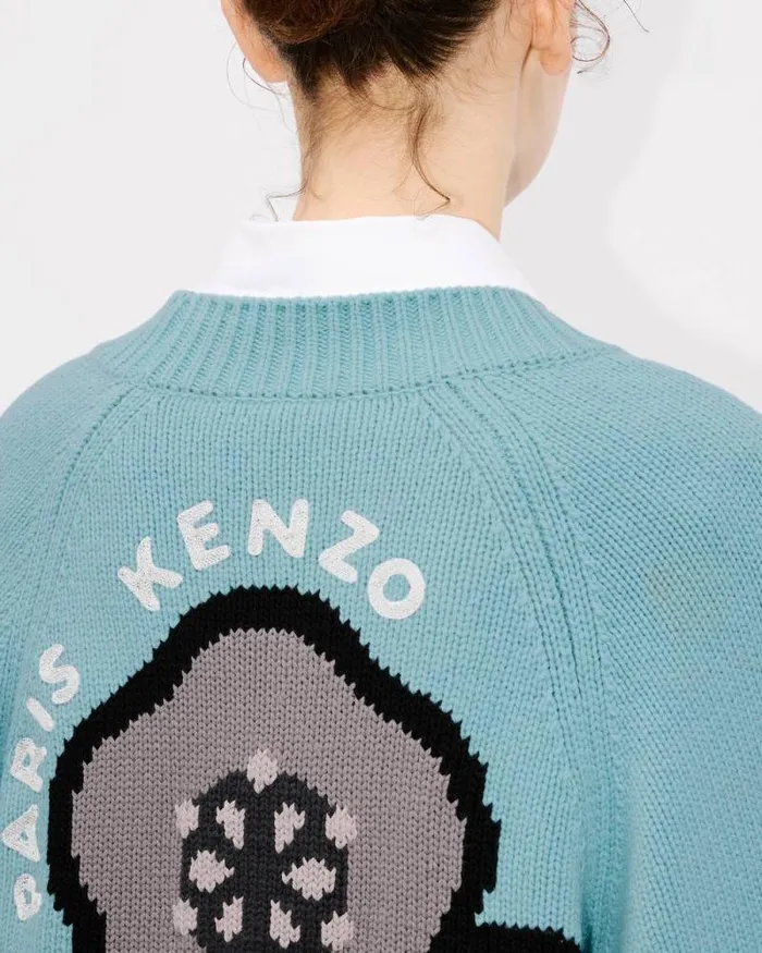 Women 039KENZO Pop039 Embroidered Cardigan In Wool And Cotton Aqua Kenzo Sweaters And Cardigans