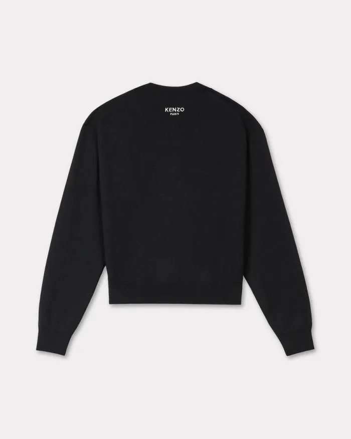 Women 039KENZO Pop039 Embroidered Crewneck Cardigan In Merino Wool Black Kenzo Sweaters And Cardigans