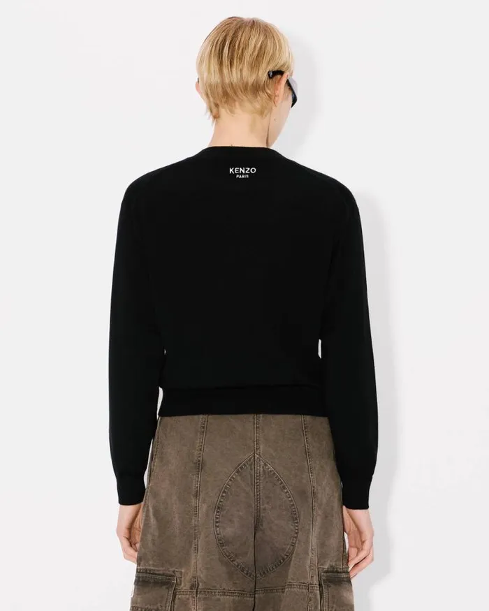 Women 039KENZO Pop039 Embroidered Crewneck Cardigan In Merino Wool Black Kenzo Sweaters And Cardigans