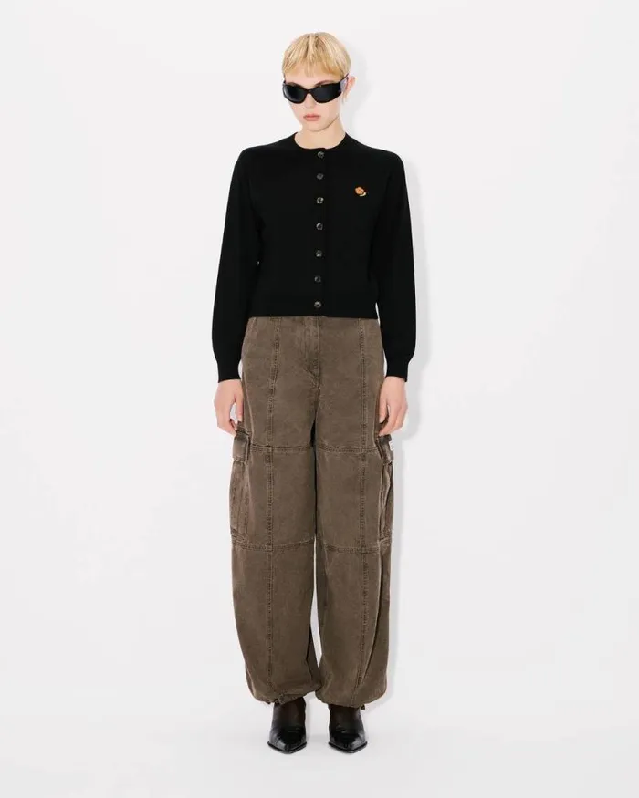 Women 039KENZO Pop039 Embroidered Crewneck Cardigan In Merino Wool Black Kenzo Sweaters And Cardigans