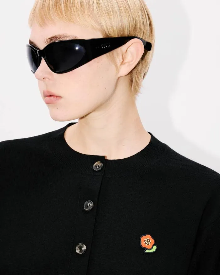 Women 039KENZO Pop039 Embroidered Crewneck Cardigan In Merino Wool Black Kenzo Sweaters And Cardigans
