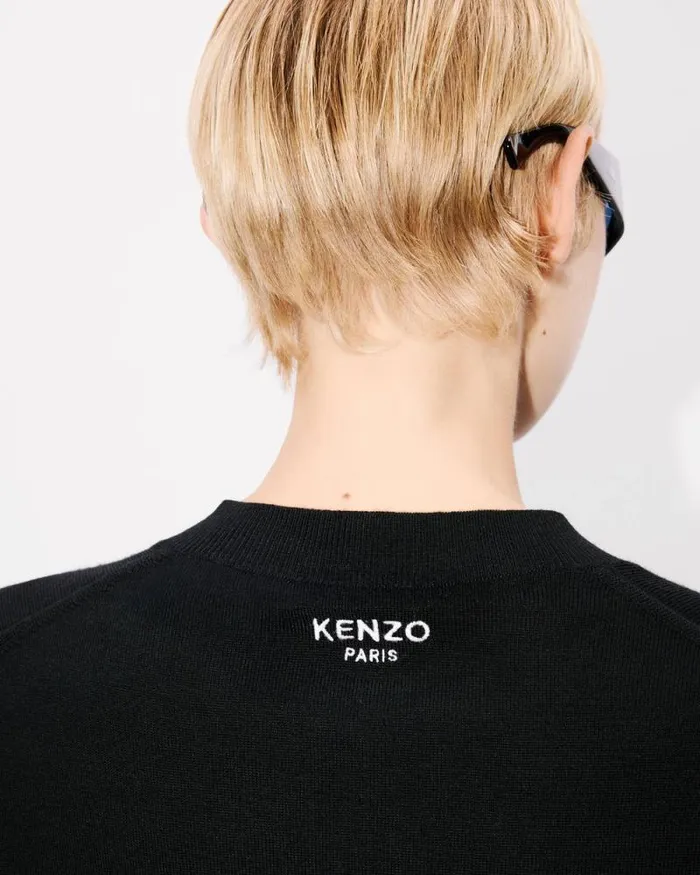 Women 039KENZO Pop039 Embroidered Crewneck Cardigan In Merino Wool Black Kenzo Sweaters And Cardigans