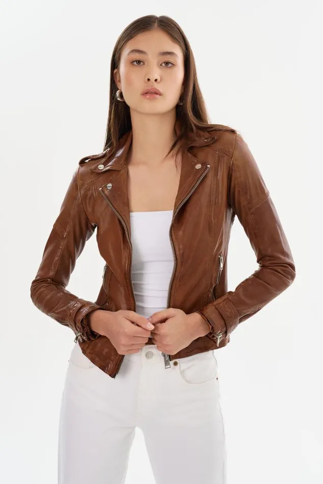 Women ANNA Leather Biker Jacket Luggage LAMARQUE Leather Jackets Women ANNA Leather Biker Jacket Luggage LAMARQUE Leather Jackets