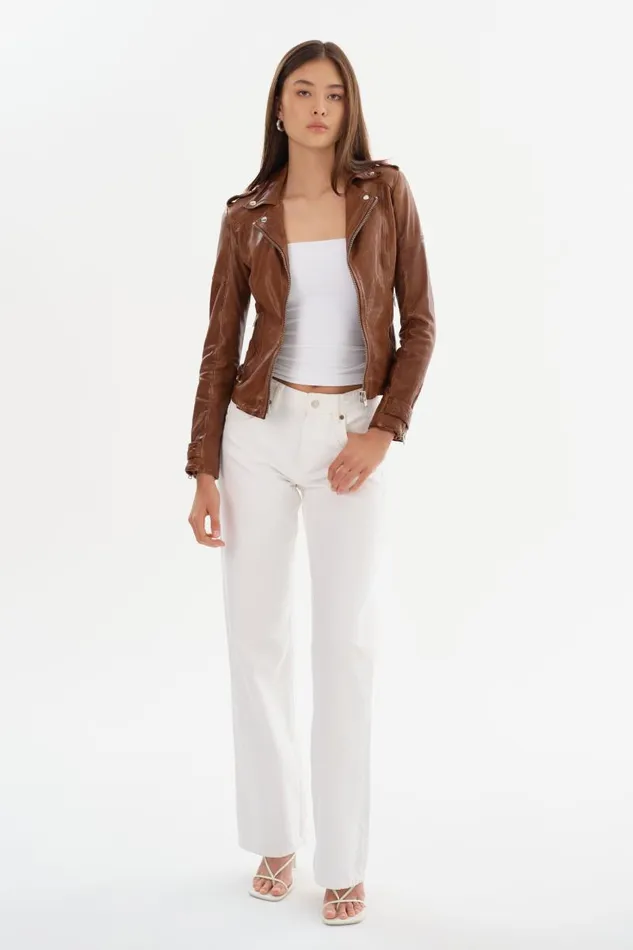 Women ANNA Leather Biker Jacket Luggage LAMARQUE Leather Jackets Women ANNA Leather Biker Jacket Luggage LAMARQUE Leather Jackets