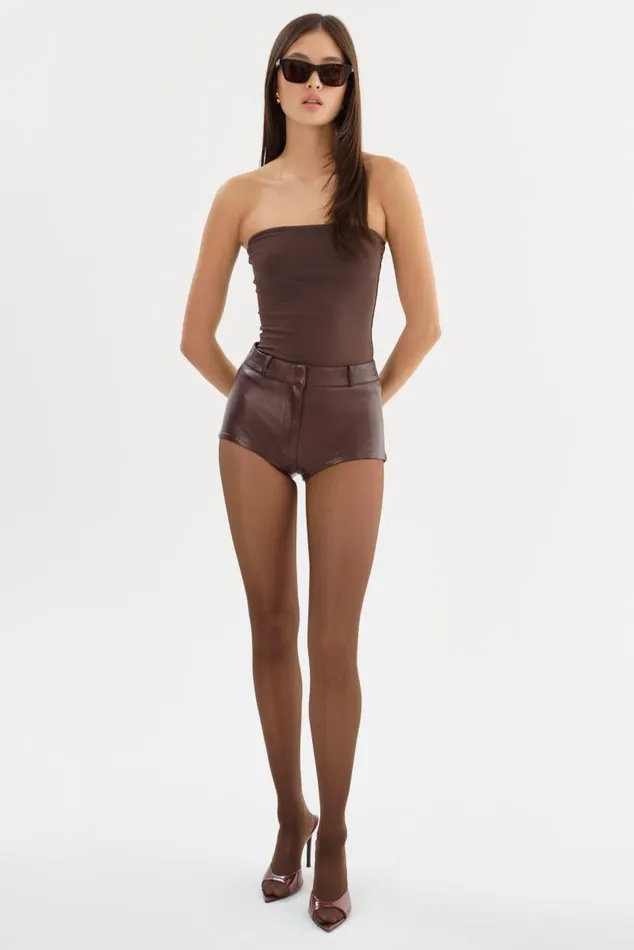 Women ANNAISE Leather Hot Shorts Chocolate Brown LAMARQUE Pants and Shorts