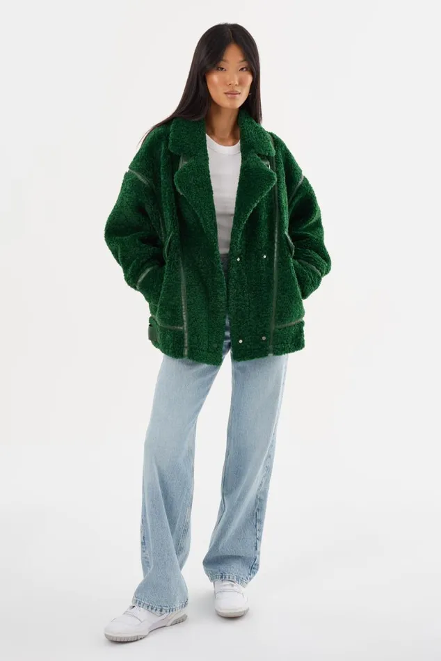 Women BADU Oversized Faux Shearling Jacket Green LAMARQUE Sherpa
