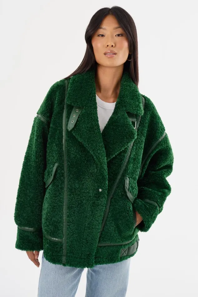 Women BADU Oversized Faux Shearling Jacket Green LAMARQUE Sherpa