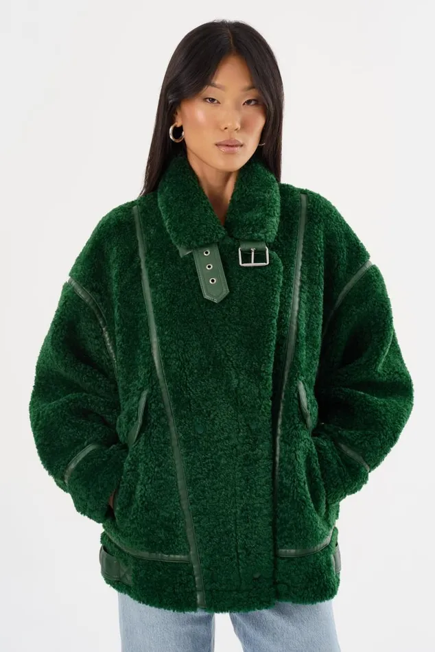 Women BADU Oversized Faux Shearling Jacket Green LAMARQUE Sherpa