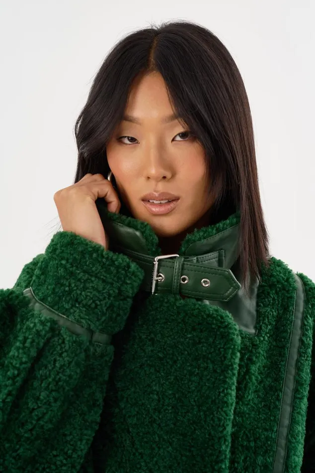Women BADU Oversized Faux Shearling Jacket Green LAMARQUE Sherpa