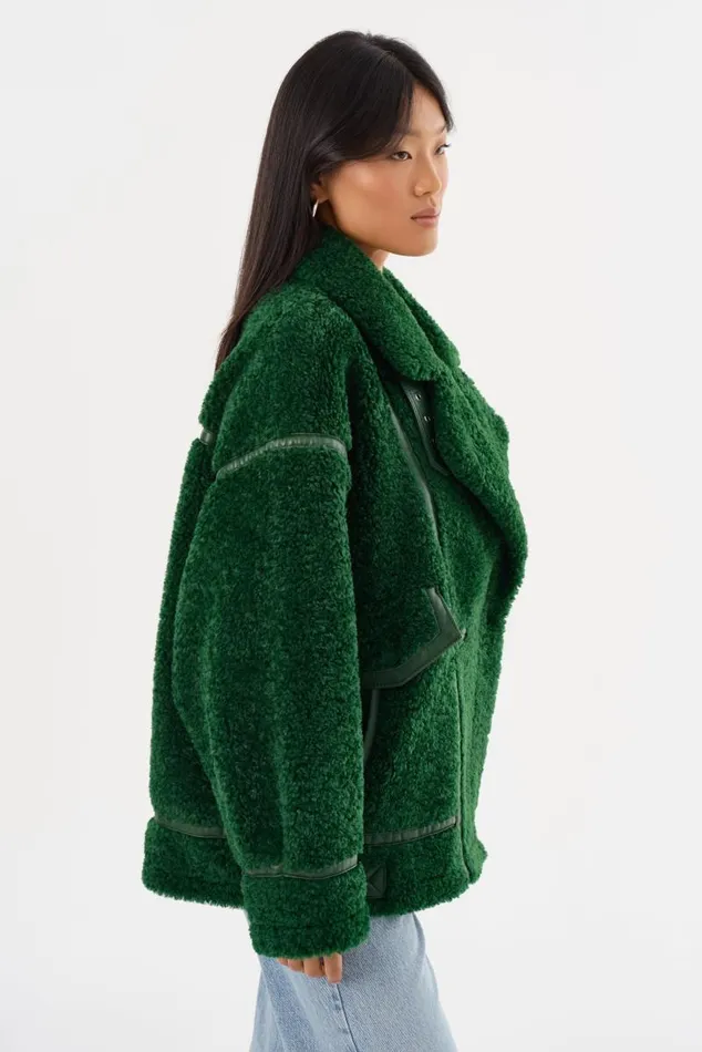 Women BADU Oversized Faux Shearling Jacket Green LAMARQUE Sherpa