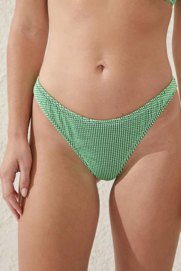 Women Bikinis Cotton On Refined High Side Thong Bikini Bottom Intense Limeblack Crinkle