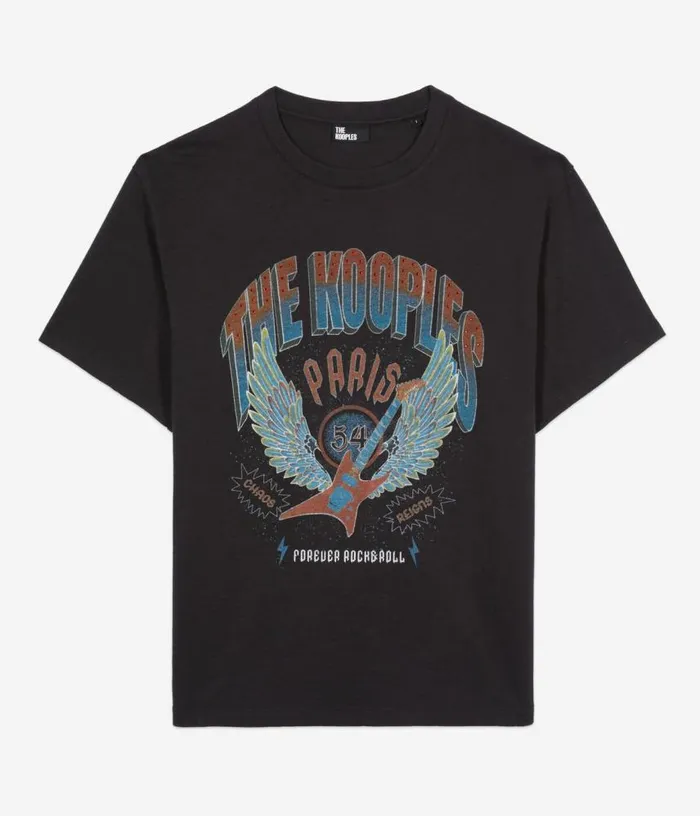 Women Black Tshirt With Guitar Serigraphy THE KOOPLES Tshirts