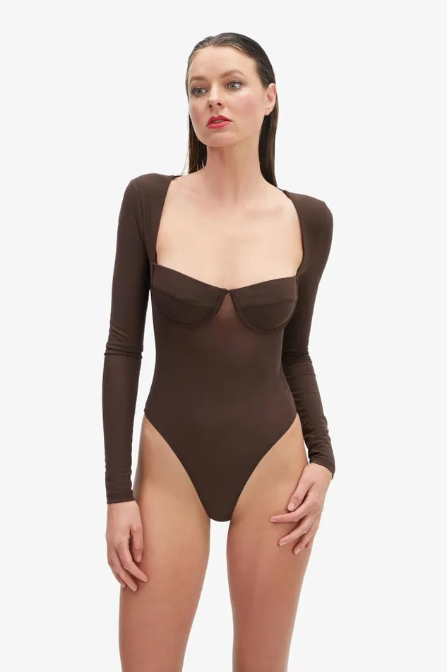 Women Bodysuits Bardot Carter Mesh Bodysuit In Chocolate Chocolate
