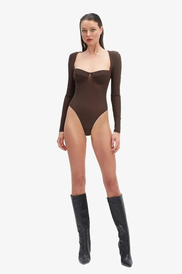 Women Bodysuits Bardot Carter Mesh Bodysuit In Chocolate Chocolate