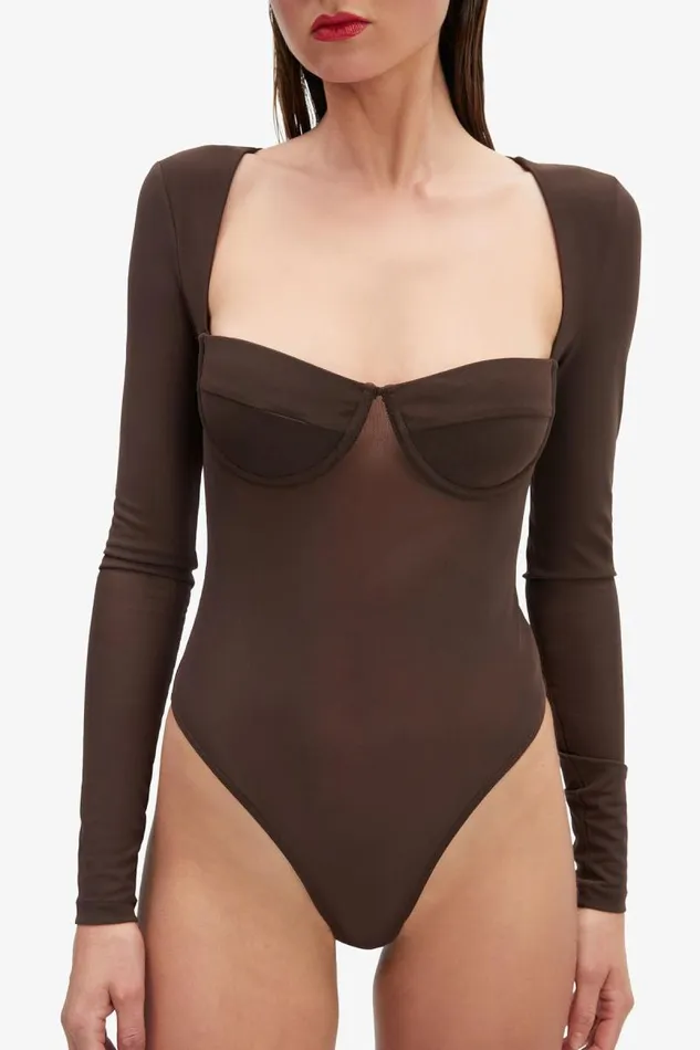 Women Bodysuits Bardot Carter Mesh Bodysuit In Chocolate Chocolate