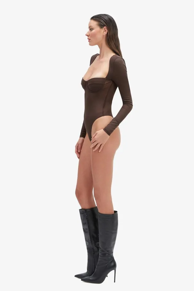 Women Bodysuits Bardot Carter Mesh Bodysuit In Chocolate Chocolate