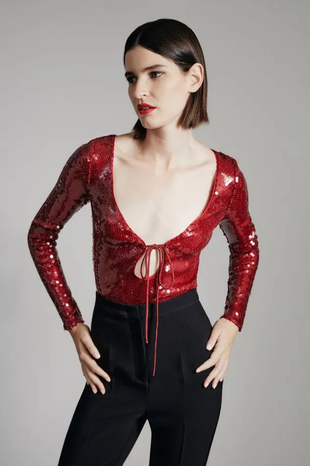 Women Bodysuits Bardot Verona Sequin Bodysuit In Burgundy Burgundy