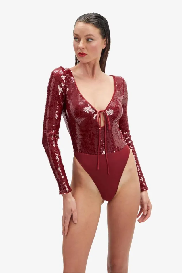 Women Bodysuits Bardot Verona Sequin Bodysuit In Burgundy Burgundy Women Bodysuits Bardot Verona Sequin Bodysuit In Burgundy Burgundy