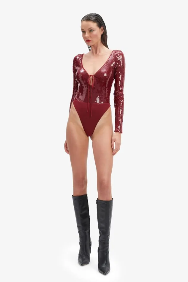 Women Bodysuits Bardot Verona Sequin Bodysuit In Burgundy Burgundy Women Bodysuits Bardot Verona Sequin Bodysuit In Burgundy Burgundy