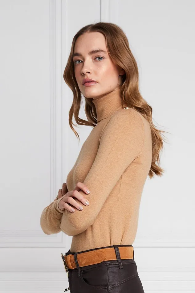 Women Buttoned Knit Roll Neck Dark Camel Holland Cooper Knitwear