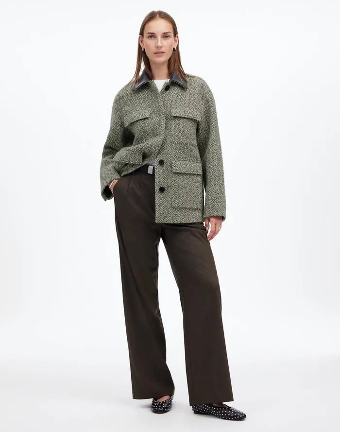 Women Coats Jackets Madewell Leather Collar FlapPocket Field Jacket Grey Textured Tweed