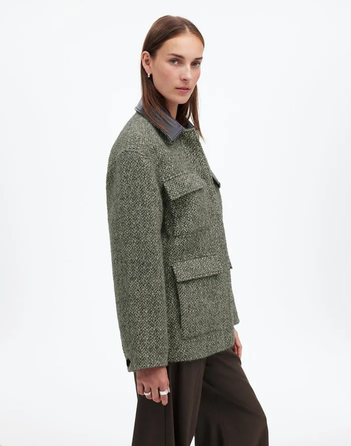 Women Coats Jackets Madewell Leather Collar FlapPocket Field Jacket Grey Textured Tweed