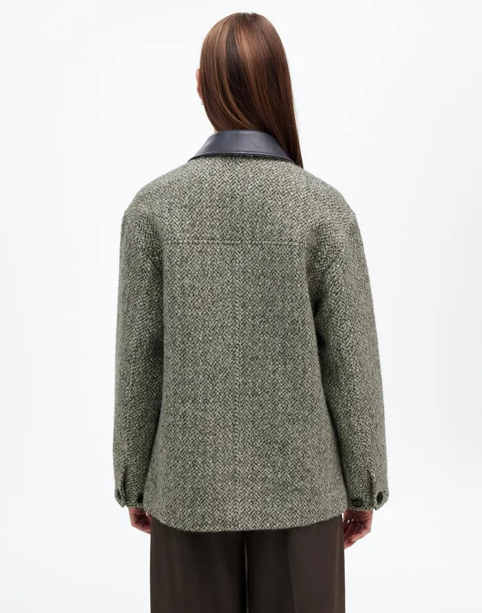 Women Coats Jackets Madewell Leather Collar FlapPocket Field Jacket Grey Textured Tweed