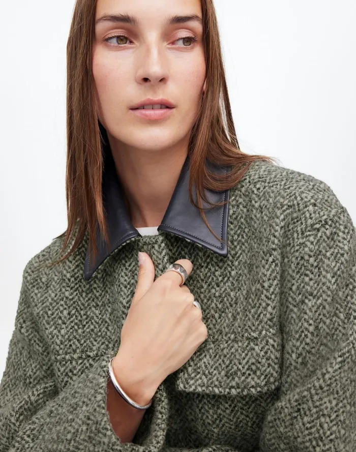 Women Coats Jackets Madewell Leather Collar FlapPocket Field Jacket Grey Textured Tweed