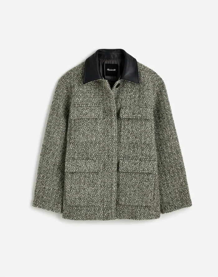 Women Coats Jackets Madewell Leather Collar FlapPocket Field Jacket Grey Textured Tweed