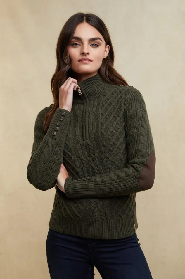 Women Country Cable Quarter Zip Knit Forest Green Holland Cooper Knitwear Women Country Cable Quarter Zip Knit Forest Green Holland Cooper Knitwear
