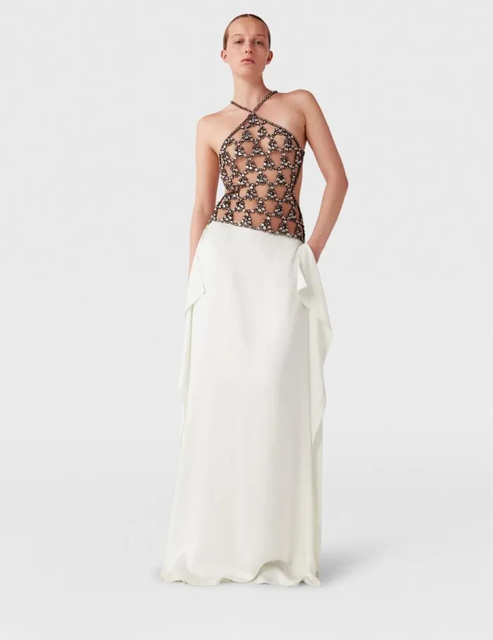 Women Crystal Cage Halterneck Maxi Dress Silver And Pure White Stella McCartney Dresses Women Crystal Cage Halterneck Maxi Dress Silver And Pure White Stella McCartney Dresses