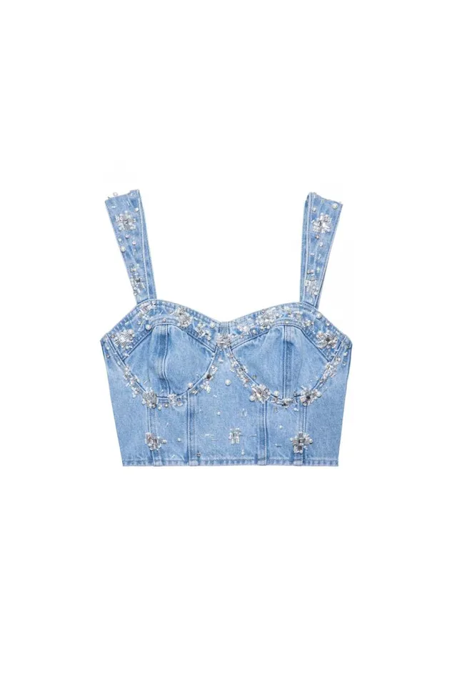 Women Denim PatBO HandBeaded Denim Top FINAL SALE Denim