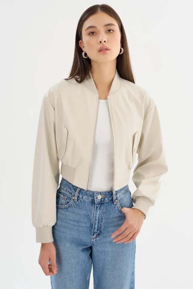 Women EVELIN Faux Leather Cropped Bomber Bone LAMARQUE Bombers