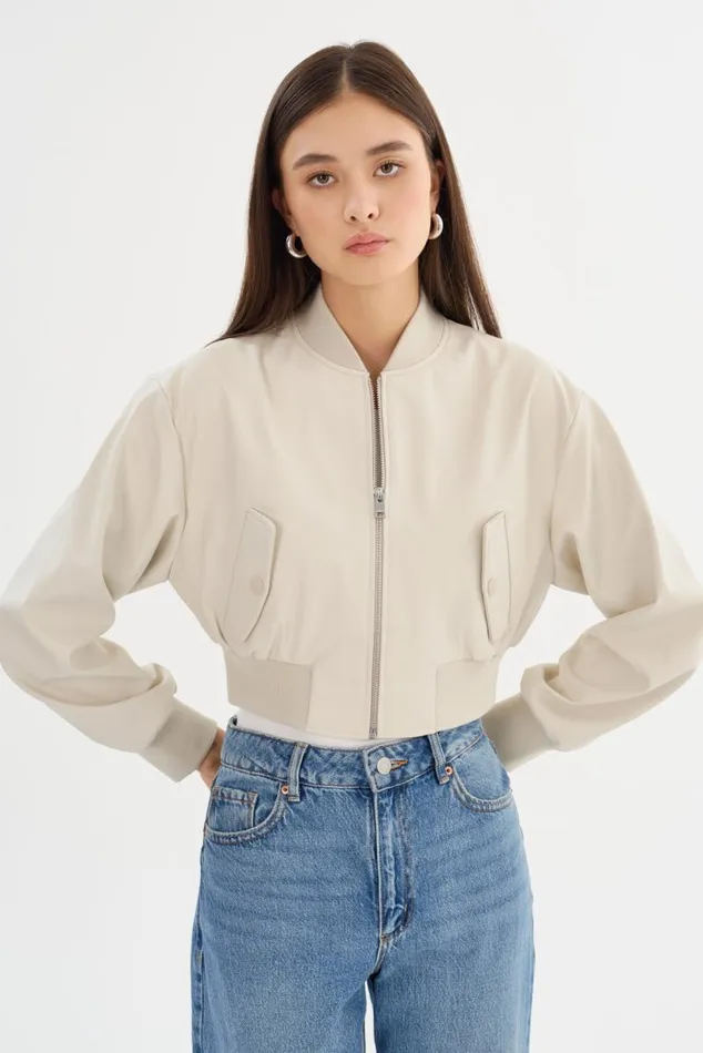Women EVELIN Faux Leather Cropped Bomber Bone LAMARQUE Bombers